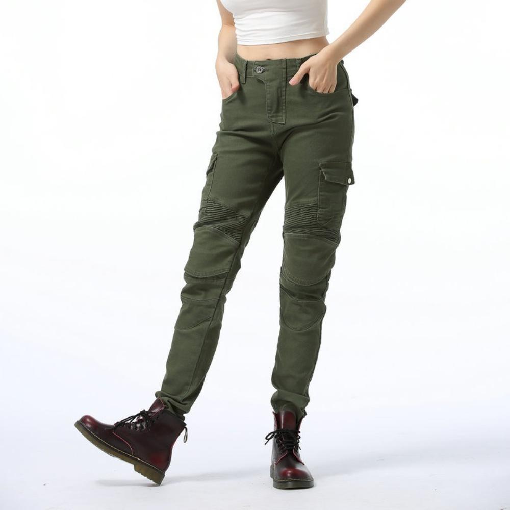 Army green casual motorcycle pants, biker jeans, women's racing pants
