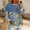 Women's Retro Floral Print Long Sleeve Pullover Top with Casual Round Neck