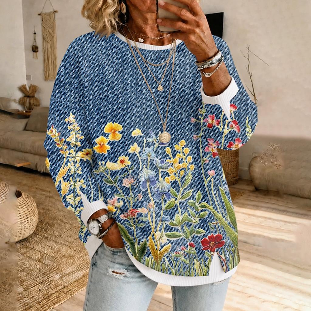 Women's Retro Floral Print Long Sleeve Pullover Top with Casual Round Neck