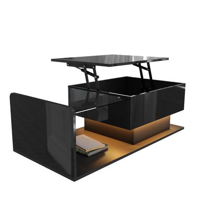 Coffee Table Height Adjustable, Side Table with Glass Top and LED Effect, with App-controlled Light Strip, Combined Storage Space, Tempered Glass