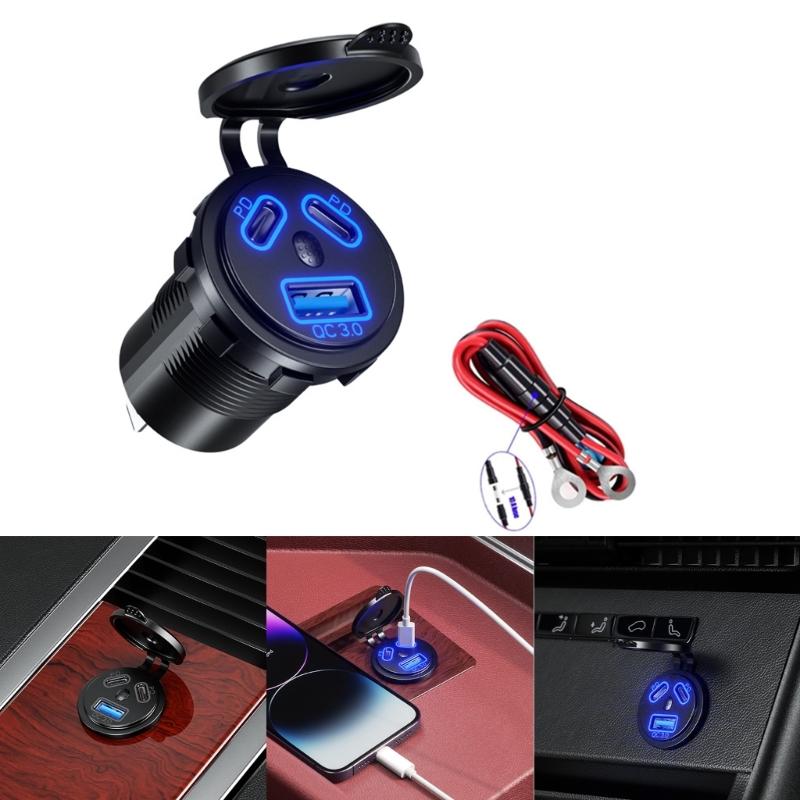 Double PD45W Fast Charging Car Charger Socket with LED Light Waterproof USB QC3.0 Charger Adapter for 12V/24V Car Boat