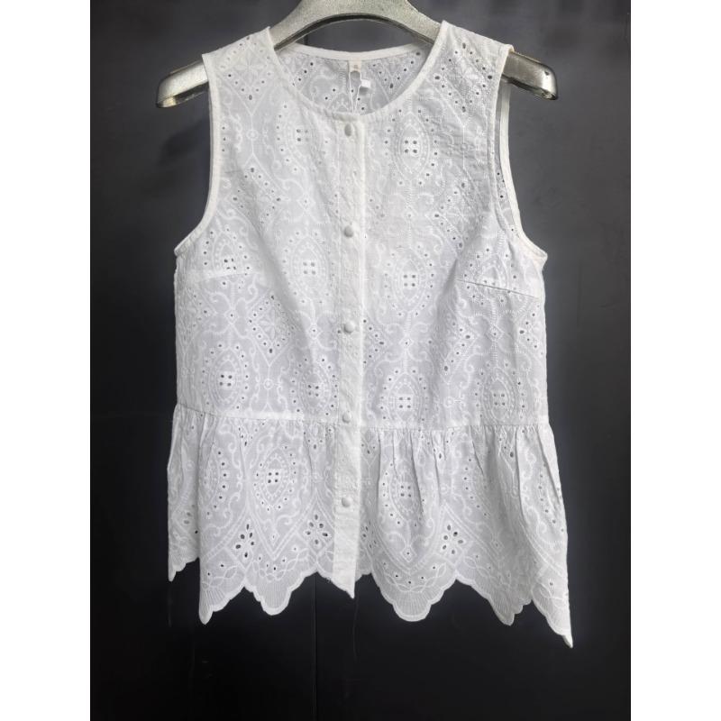 French Style Pure Cotton Lace Hollow Embroidered Women Sleeveless Crew Neck Outer Wear Tank Top
