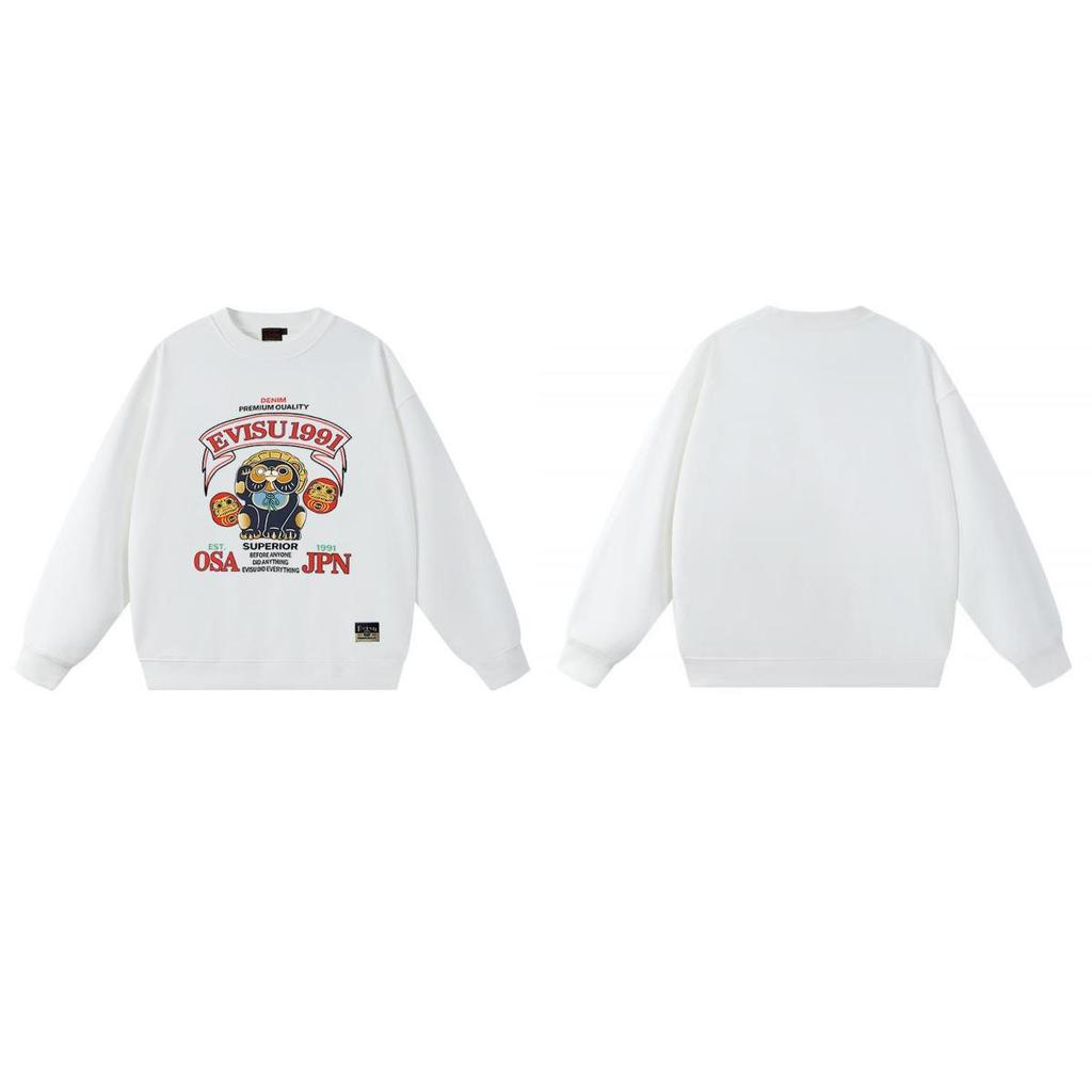 Fukujin EVISU2025 Unisex Round Neck Hoodie - Trendy Cotton Streetwear Pullover with Print