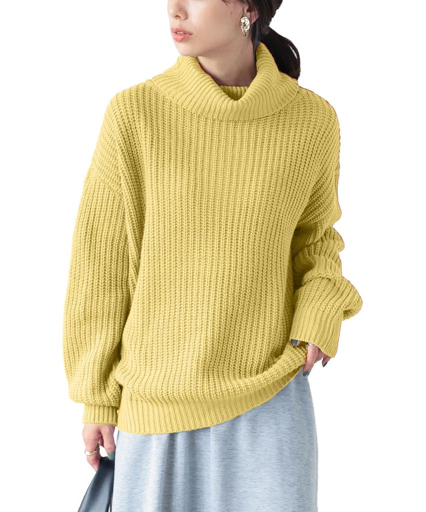 Kobe Lettuce Drop Shoulder Simple Loose Knit Top Free Size Turtleneck Yellow [N701]