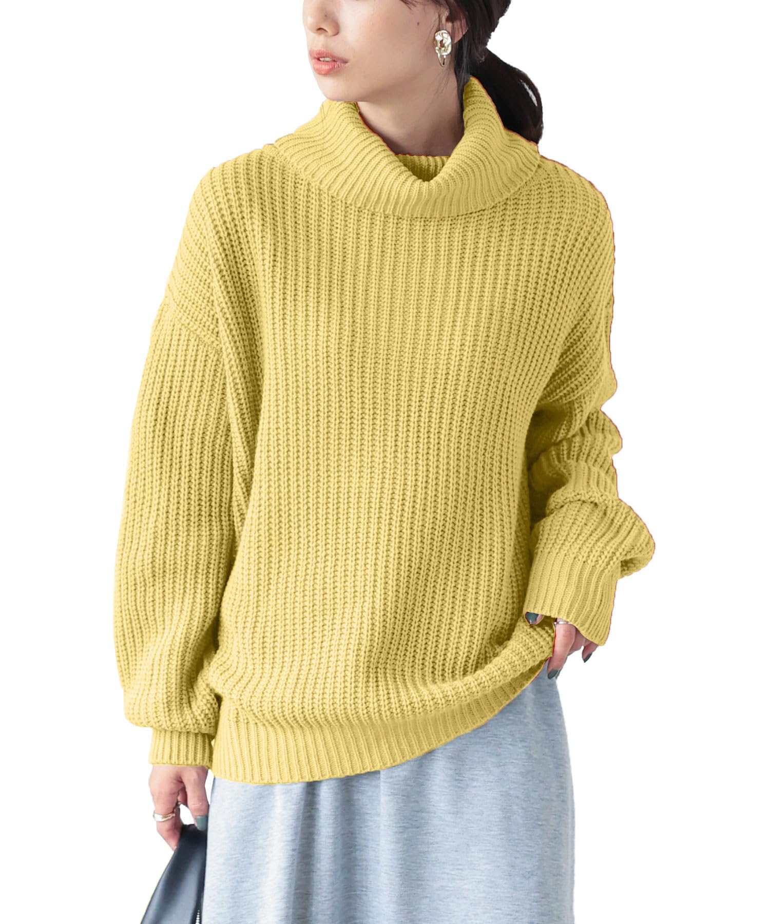 

Kobe Lettuce Drop Shoulder Simple Loose Knit Top Free Size Turtleneck Yellow [N701]
