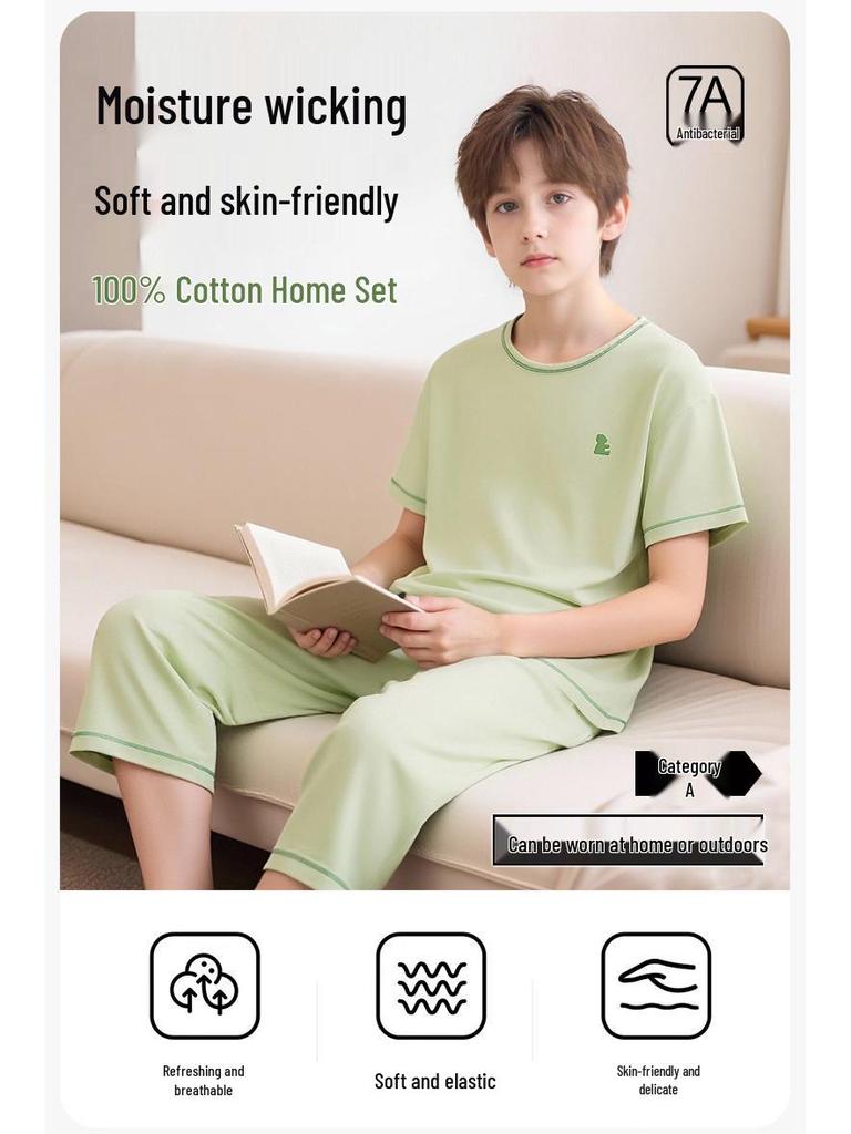 Children's All-Cotton Short Sleeve Pajama Set for Girls and Boys - Summer Lightweight A-Class, Air Conditioning Wear for Big Kids