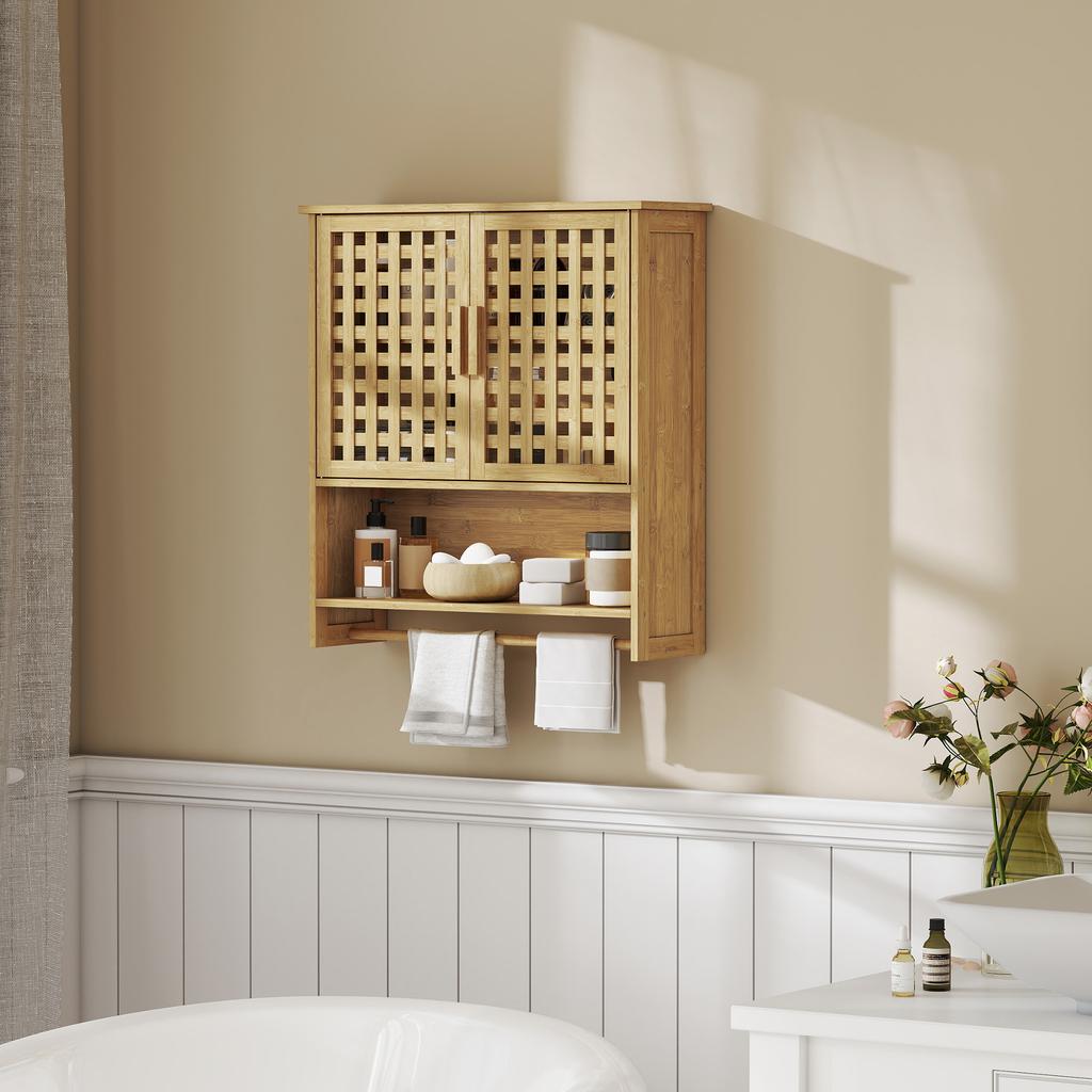 Bamboo Bathroom Wall Cabinet, 2 Slatted Doors, Open Compartment, Adjustable Shelf, Natural Wood