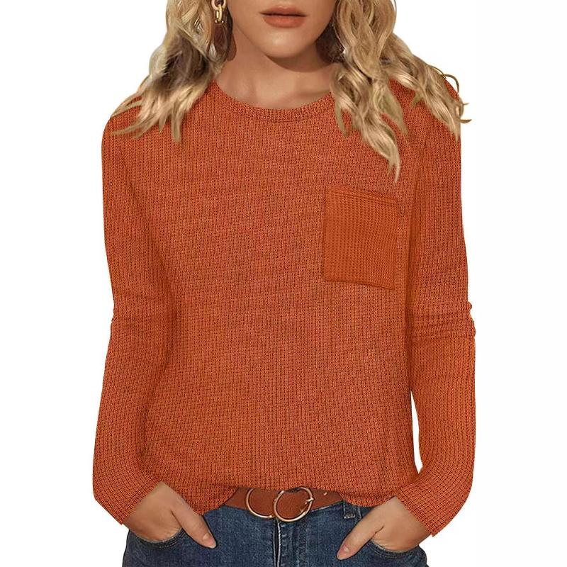 Women's Spring Autumn New Style Fashion Casual Versatile Pocket Long Sleeve T Shirt Solid Color Pullover Sweatshirt