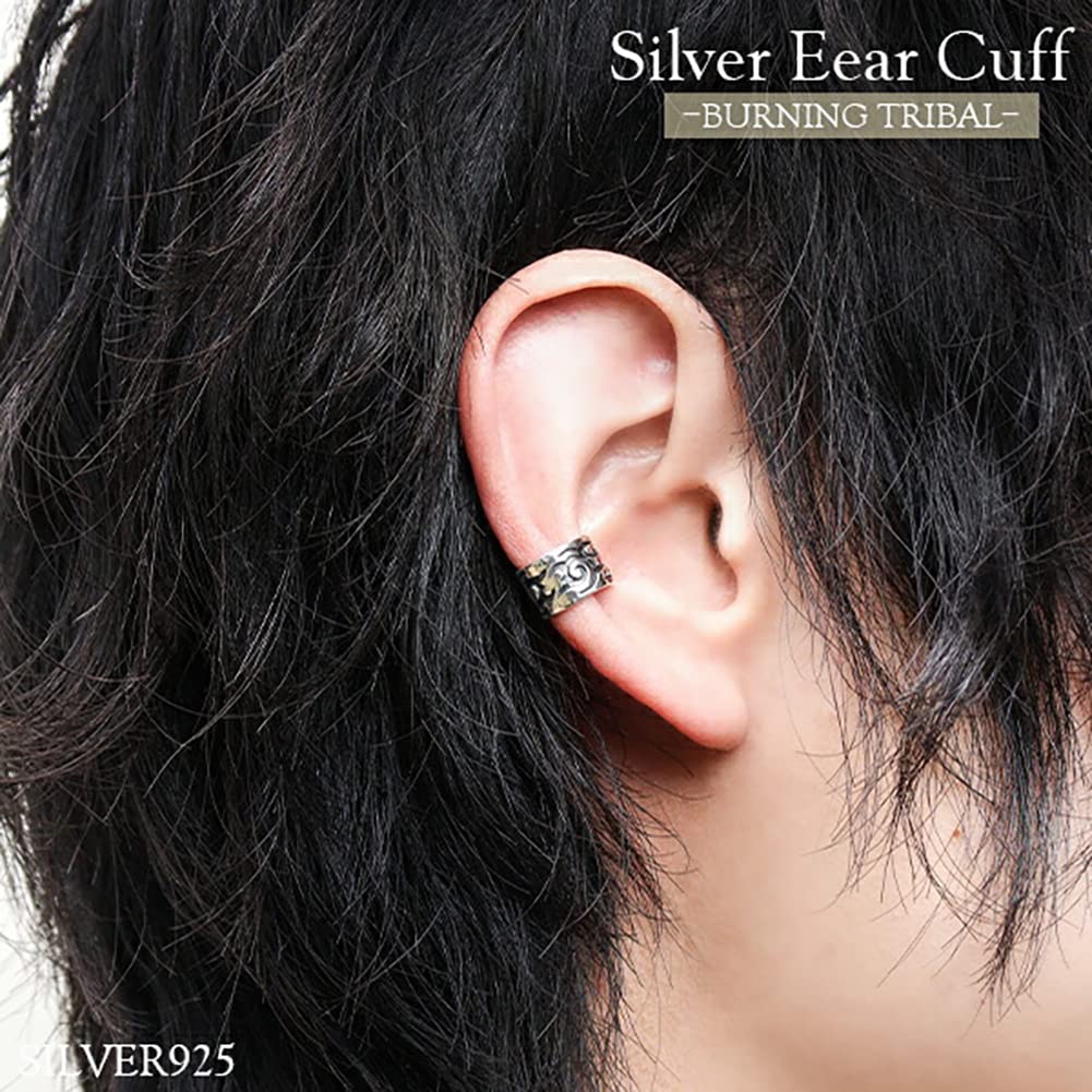 Shinjuku Gin No Kura Burning Tribal Silver 925 Ear Cuff Ear Ear for Men (Single Cuff, Clip)