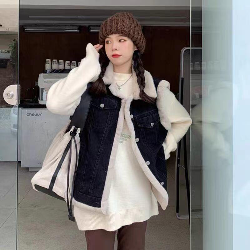Lamb wool denim vest girl autumn and winter clothing new junior high school students fleece thickened vest jacket