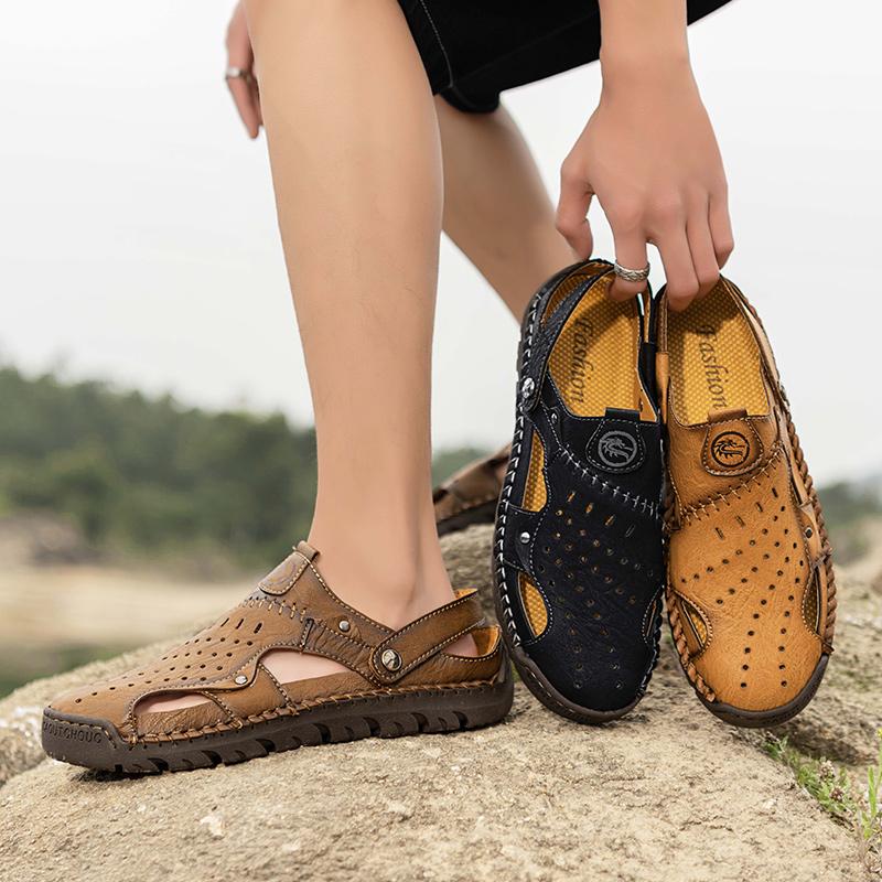 Summer Soft Sole Slippers Cowhide Sandals Comfortable Shoes Baotou Sandals Hollow Out Leather Non-Slip Outdoor Breathable Shoes