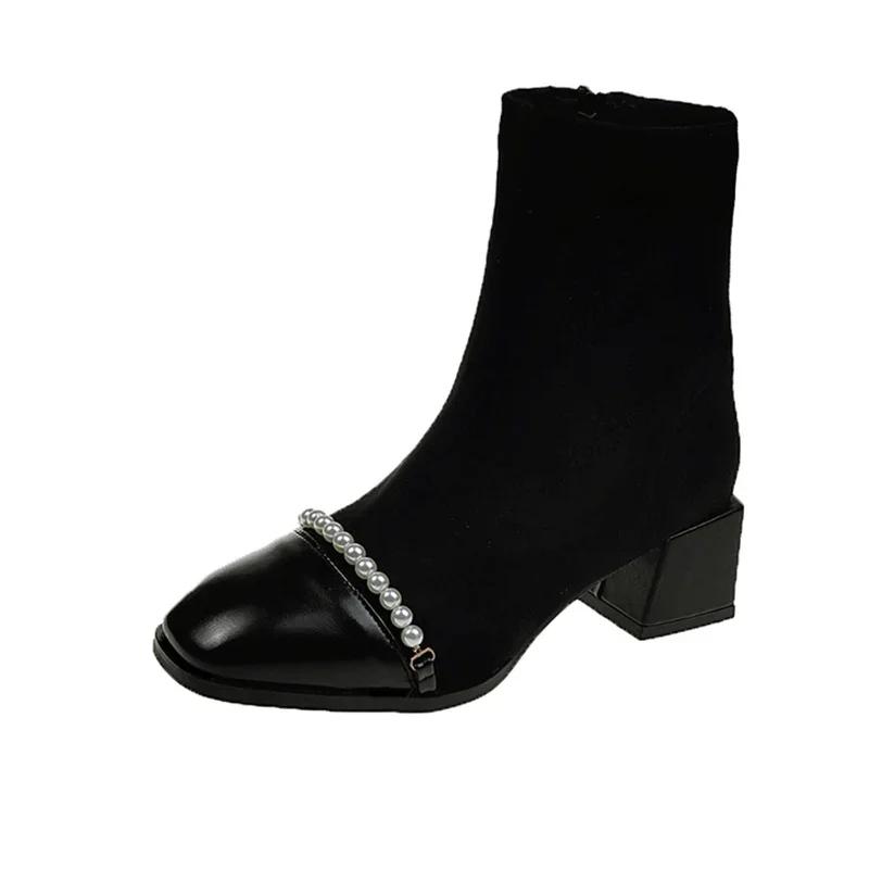 Koralikowe Grube Damskie Botki na Kostkę Zamszowe Średnie Obcasy Modne Buty Nowa Marka 2025 Trend Zima Projektanckie Czółenka Goth Chelsea Botas Mujer