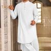 Men's Cotton Linen Kaftan Long Sleeve O-Neck Robe Solid Color Button-up Collar Thobe Breathable Arabic Clothing for Prayers Casual Wear