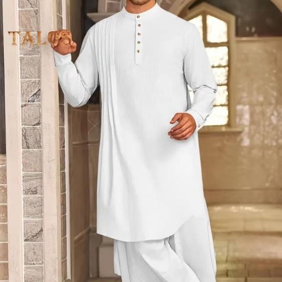 Men's Cotton Linen Kaftan Long Sleeve O-Neck Robe Solid Color Button-up Collar Thobe Breathable Arabic Clothing for Prayers Casual Wear