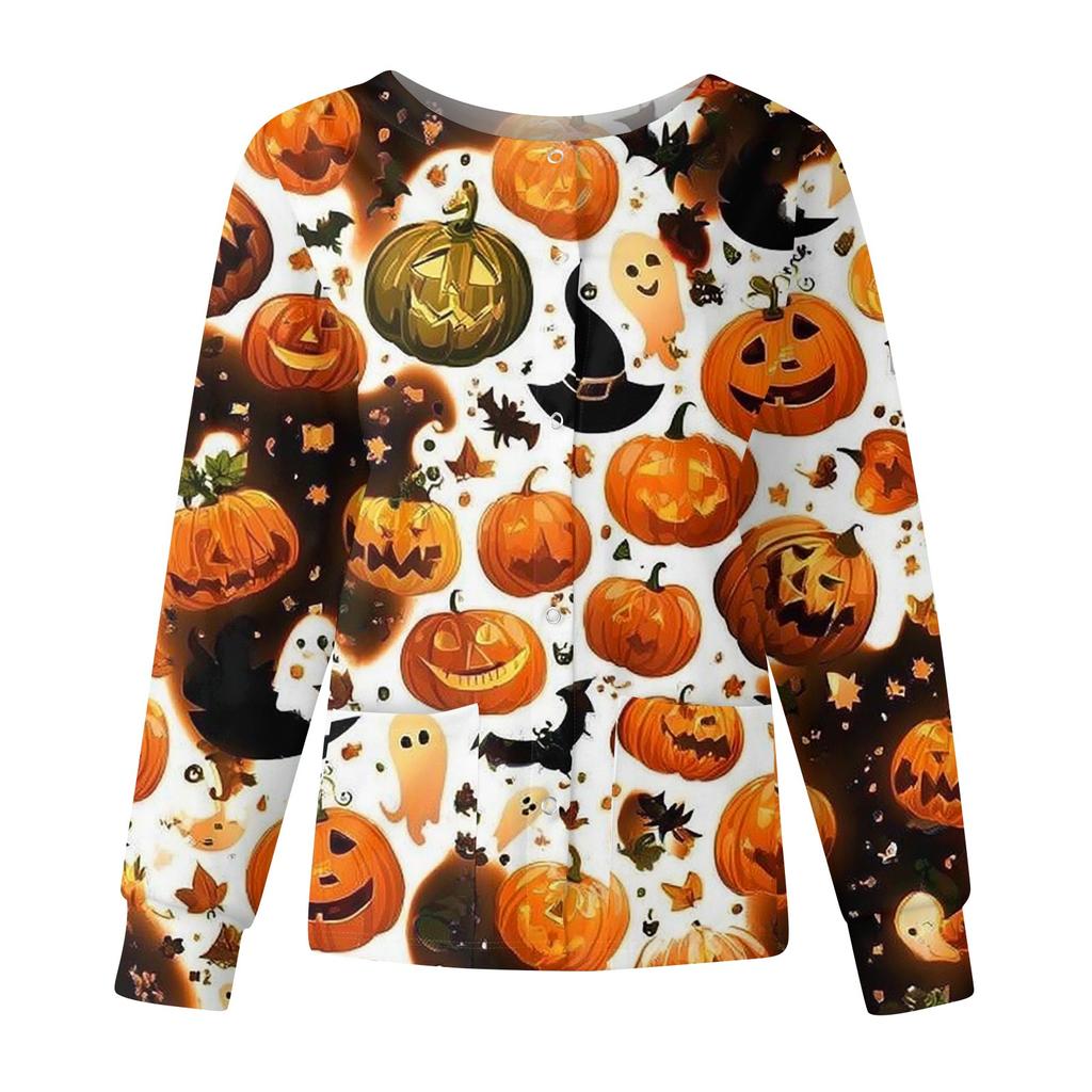 Women's Casual Fashion Long Sleeve Standing Collar Single Breasted Halloween Printed Workwear Jacket Tops