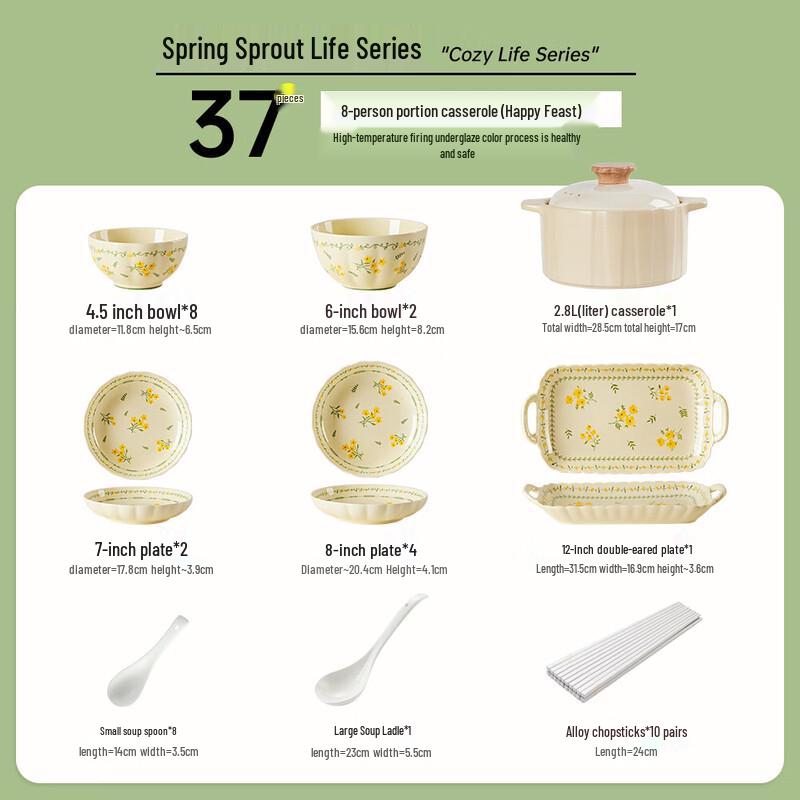 Spring Bud Underglaze Ceramic 37-Piece Dinnerware Set with Casserole