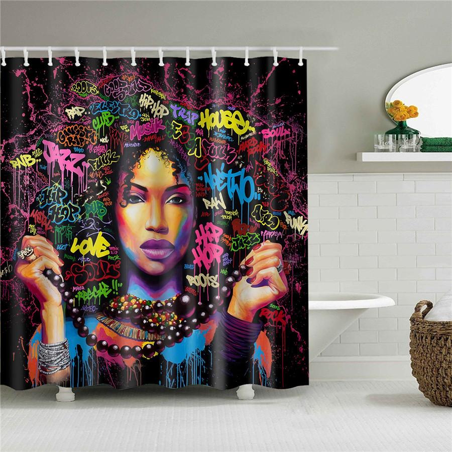 Cortinas de ducha de baño con diseño artístico de Graffiti para mujer, chica negra Afro americana, poliéster impermeable con ganchos
