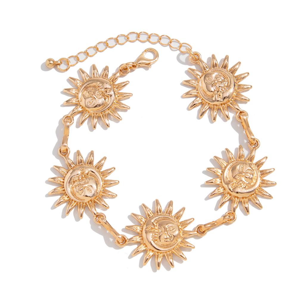 Salircon Vintage Sun Flower People Face Anklet Women Gold Color Elastic Foot Chain Summer Beach Party Female Jewelry