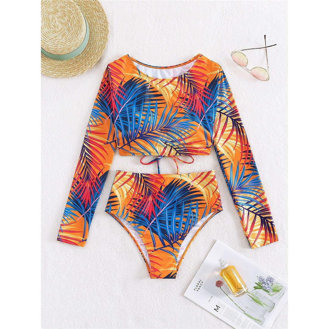 

Бикини с длинными рукавами и высокой талией с принтом листьев, женский купальник, женский купальник, комплект бикини из двух частей, купальный костюм, купальный костюм S
