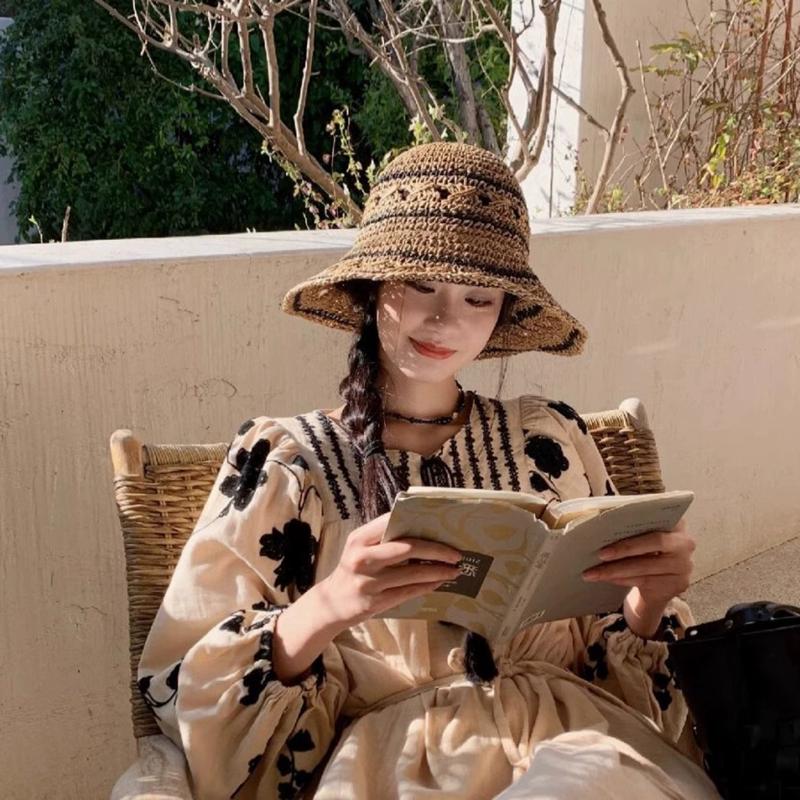 Striped Geometric Print Natural Straw Bucket Hats For Women Foldable Lightweight Sun Hatstravel & Vacation Essential