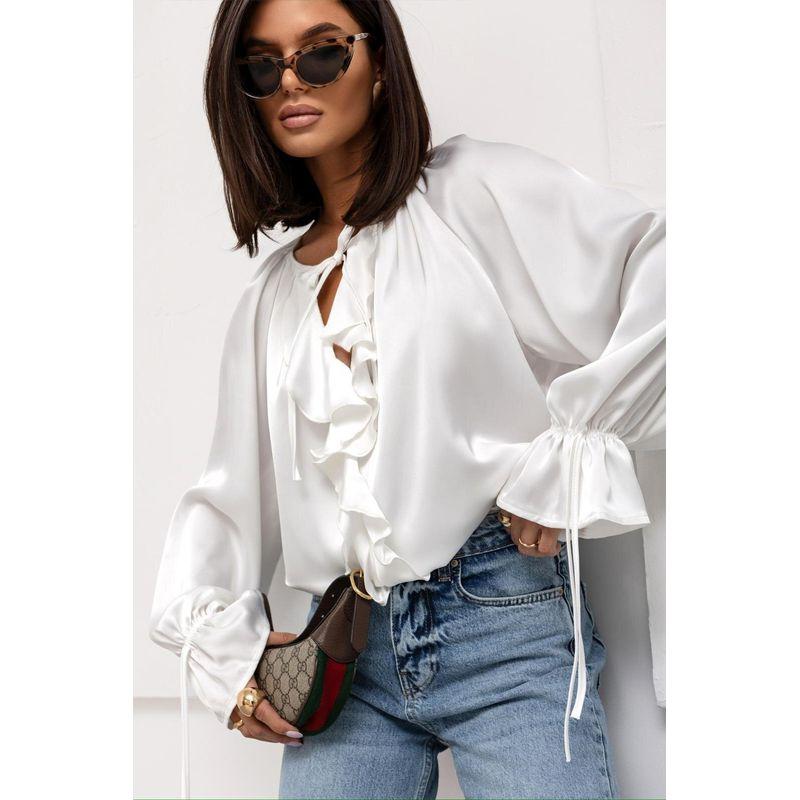 Long Sleeve Shirts Versitile Fashion Frill Flare Sleeve V-neck Lace Up Women Shirts Shirt Women