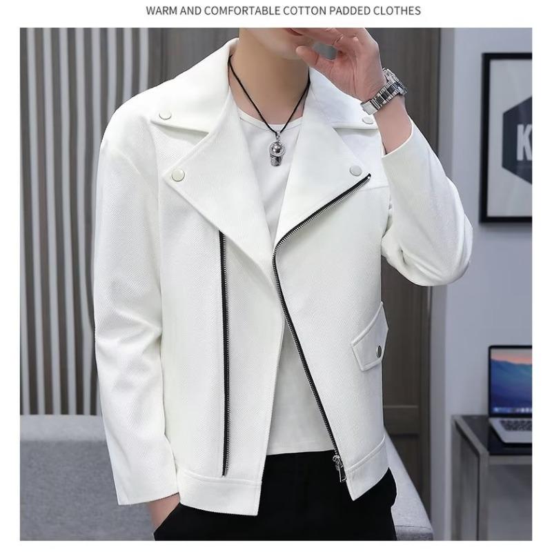 Men S Short Loose Long Sleeve Turn Down Collar Zipper White Casual Jacket