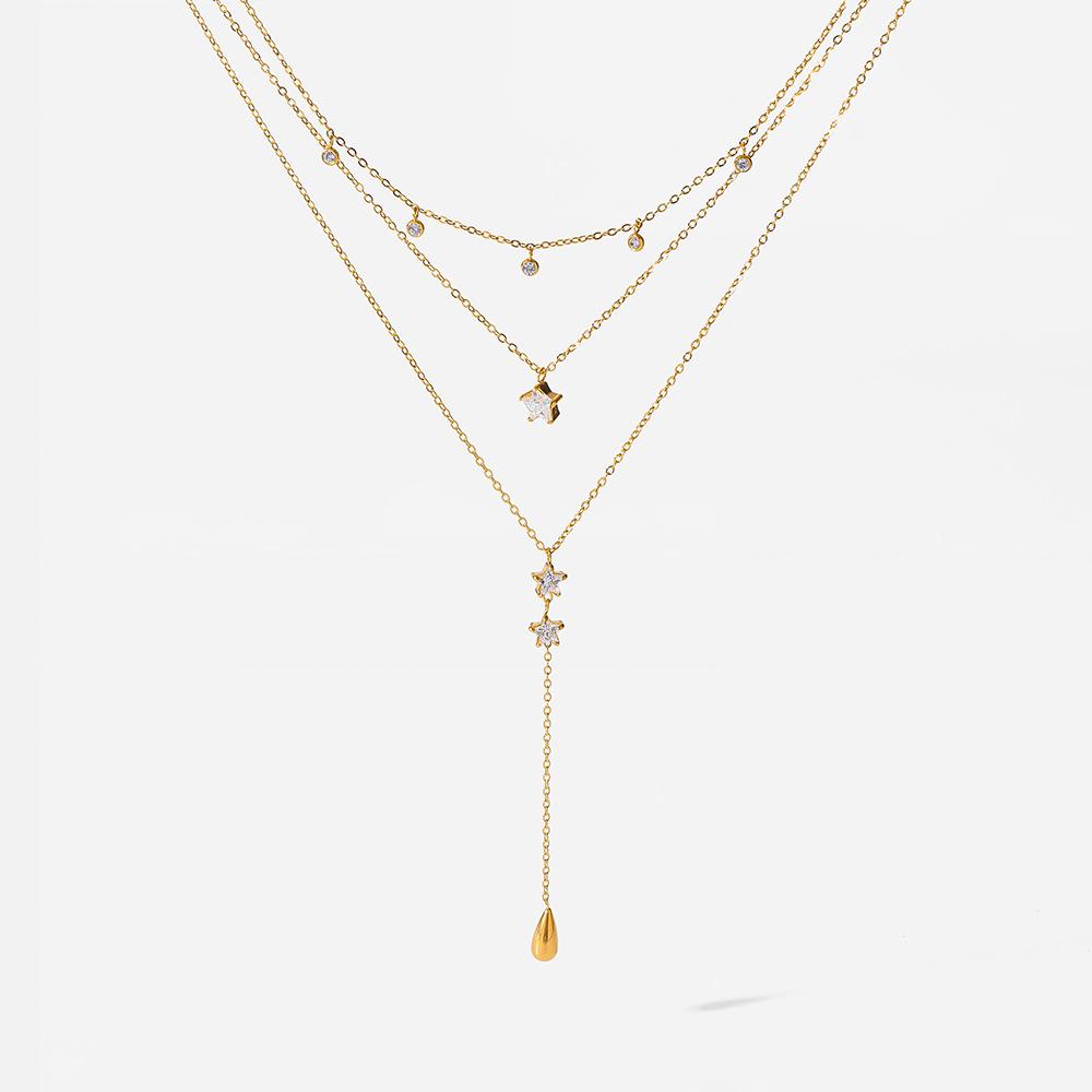 European and American Zircon Five-pointed Star Three-layer Y-chain Plated 18K Gold Stainless Steel Waterproof Necklace High-end Jewelry Women