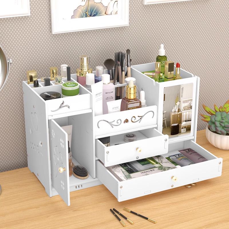 Large Capacity Dustproof Desktop Cosmetic Storage with Mirror & Drawer
