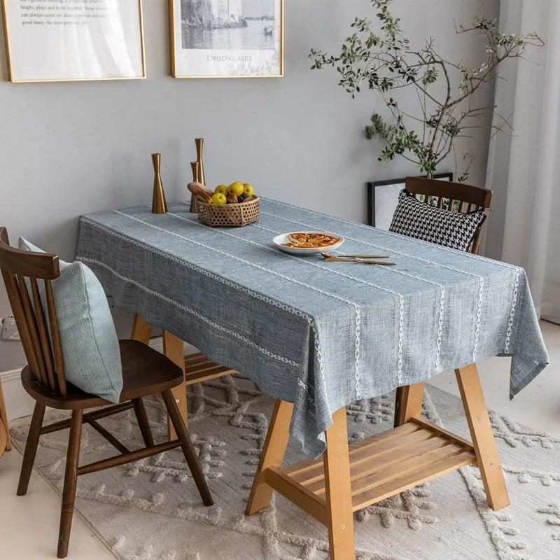Tablecloth Cotton Linen Stripe Resistant Dust-Proof Soft Table Cover for Kitchen Dinning Wedding Tabletop Decoration Rectangular
