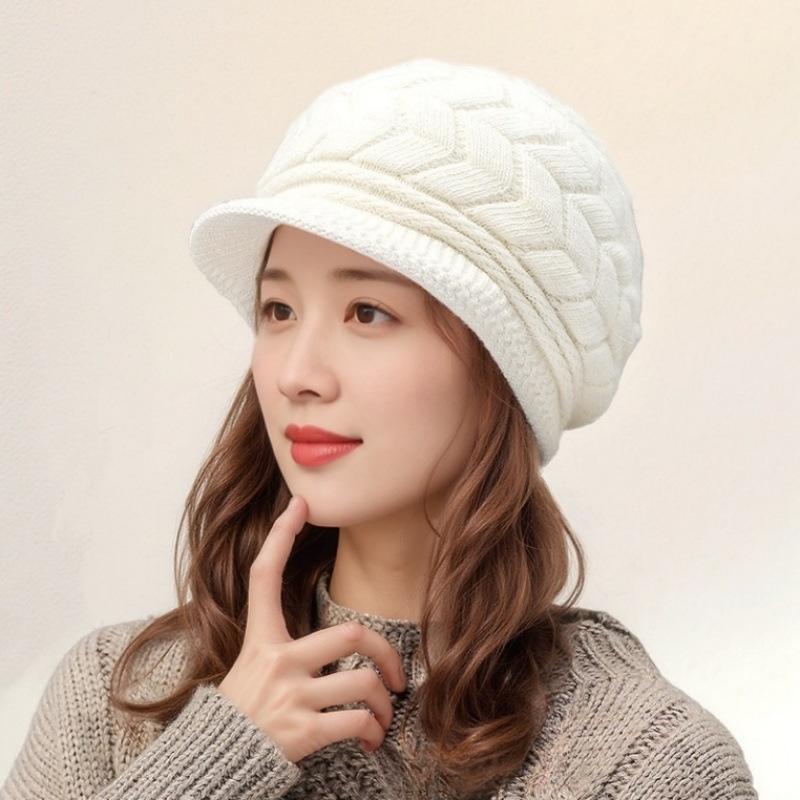 

Женский модный берет: Теплая вязаная шерстяная шапка для осени/зимы с толстым бархатным отворотом