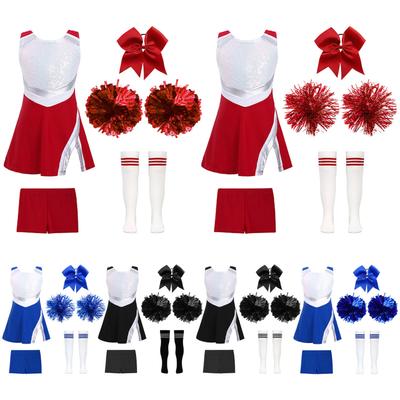 Kids Girls Dance Outfit Round Neck Sleeveless Dress with Shorts Bowknot Headwear Hand Flowers Socks Cheerleading Uniform Outfits