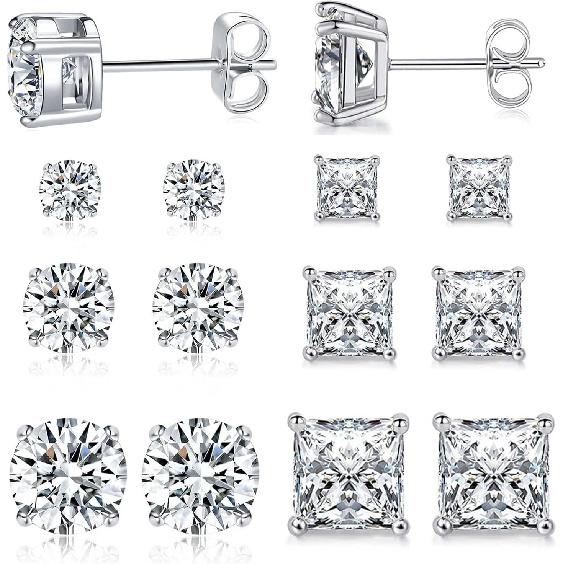 Edelstahl Ohrstecker Set für Herren, 18K Weißgold Plated Quadratische Zirkonia Ohrstecker Hypoallergen Herren Ohrringe Packung 6 Paar für Herren Damen Brass white