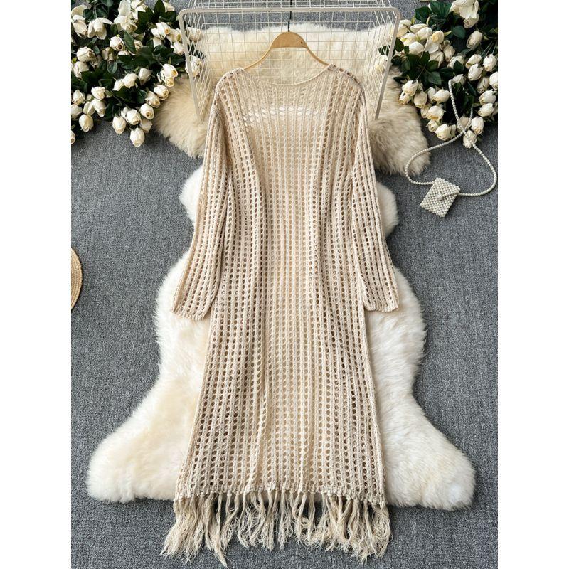 Fancy Idle Style Mid Length Long Length Cardigan Shawl Women's Seaside Holiday Travel Sun Protection Cut Out Knitting Tassel Outwear