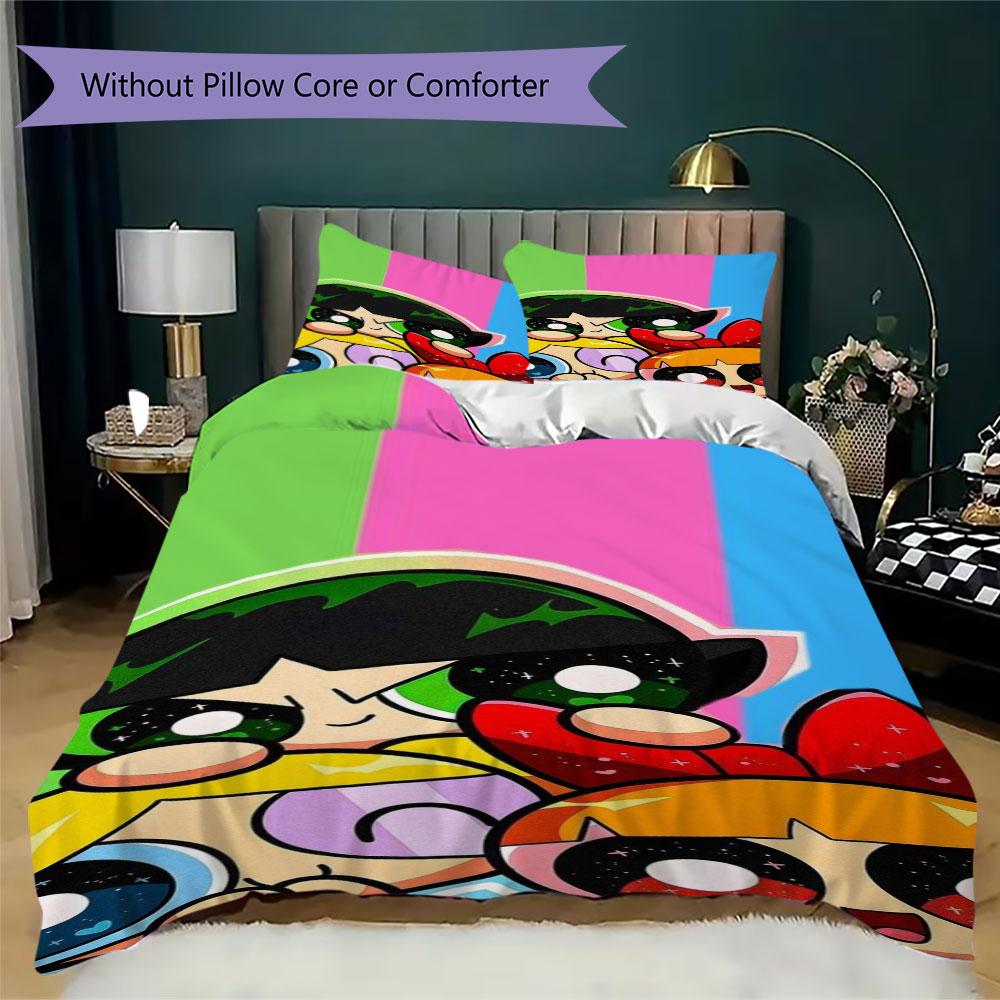 Cartoon Powerpuff Girls print children's duvet cover set, soft and skin-friendly, available in multiple sizes, bedroom bedding.