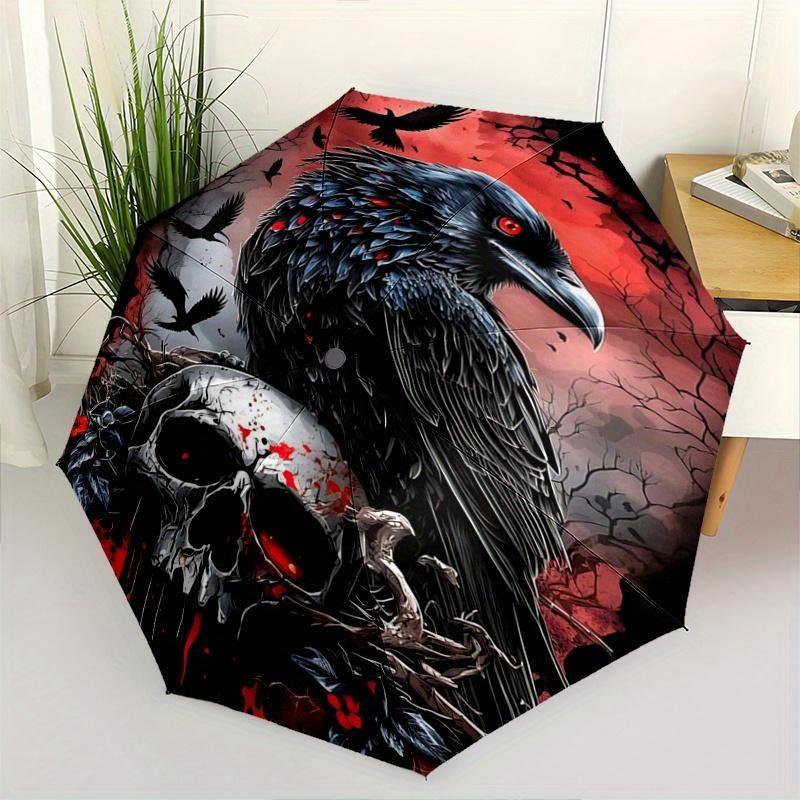 1pc Crow and Skull Pattern Beautiful Looking Automatic Folding Umbrella, 3 Folding, 8 Iron Frame Design, Durable and Suitable for Travel and Dail