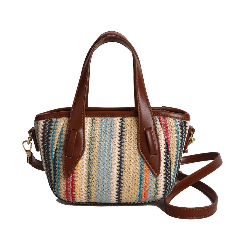 Bohemian gestreifte Mini-Strohtasche für Damen Fashi Süß Jugend Top-Griff für den Sommer Bunte gewebte Umhängetasche