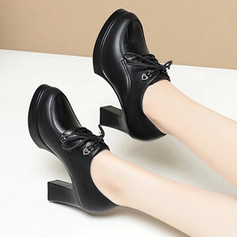 British Style Deep Mouth Soft Leather Oxford Shoes Women's Platform Pumps 2026 Spring Block High Heels Shoes for Office Mom