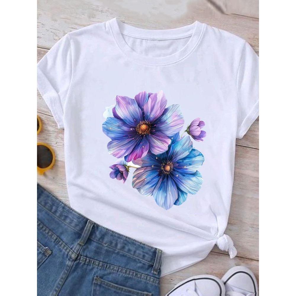Women's printed candy flower T-shirt, casual wear, short sleeved T-shirt, women's fashionable graphic T-shirt
