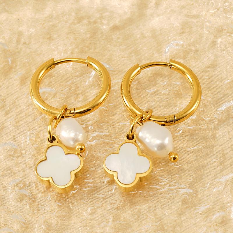 18K Gold-Plated Stainless Steel Clover Pearl Earrings - European & American Fashion for Women