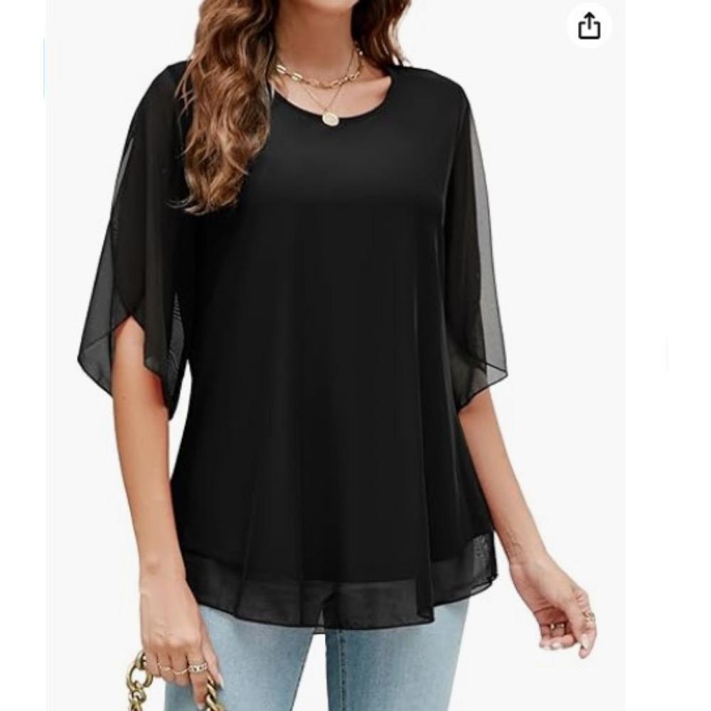 

Летний повседневный свободный пуловер двухслойный однотонный рукава-клеш короткой и средней длины шифоновые женские блузки и рубашки XXL