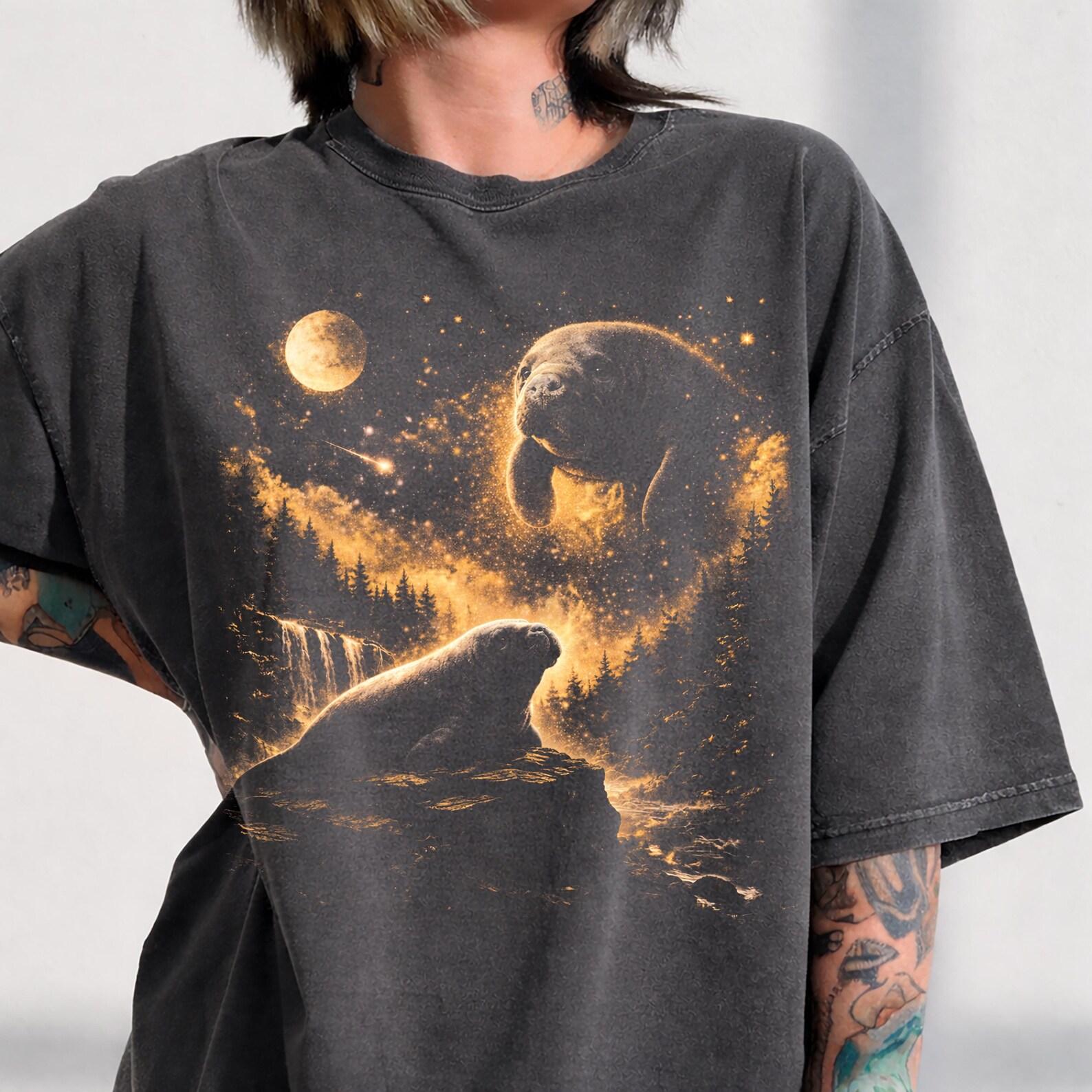 Manatee Howling Moon T-Shirt, Retro Ocean Graphic Tee, Save Sea Cow Lover M