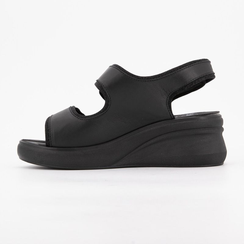 Women's SCHOLL Giuly Black Leather Wedge Sandals with Two Velcro Straps