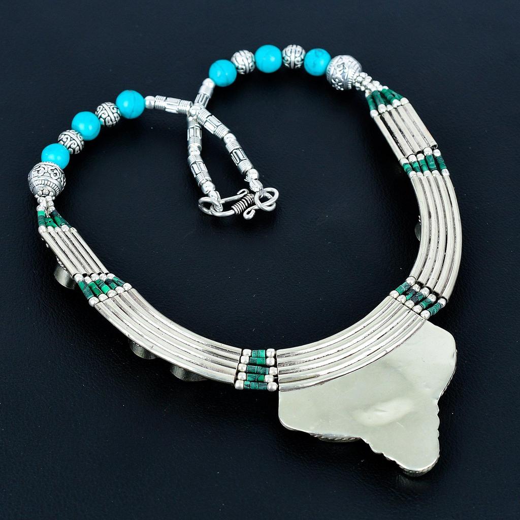 Schlafender Türkis 925 Sterlingsilber Halskette Tibetische Silber Halskette Böhmische Antike Halskette Handgefertigter Schmuck Nepalesische Halskette Geschenk für Ehefrau