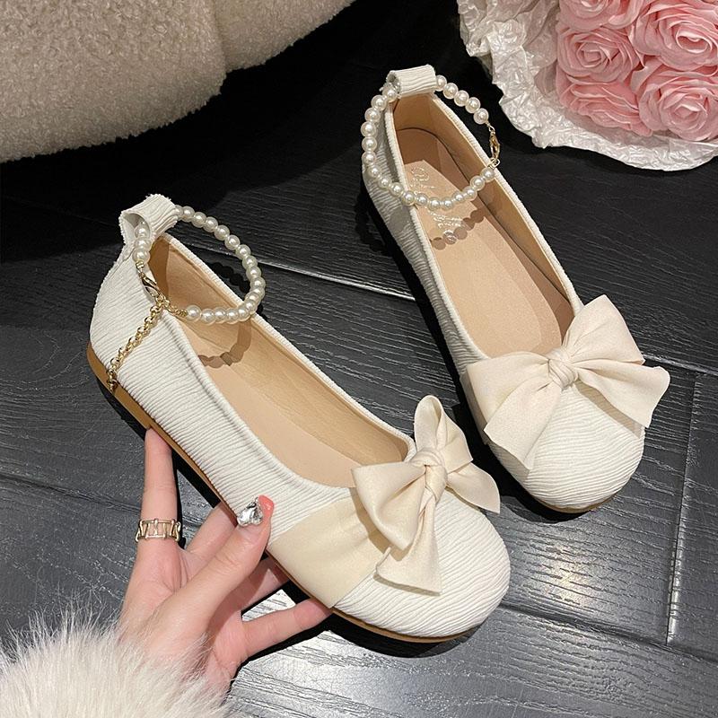 Women Pumps Elegant Mary Jane Flats Sweet Girl Ribbon Bow Pearl Chain Lolita Shoes Comfortable Round-toe Soft Sole Shallow Shoes
