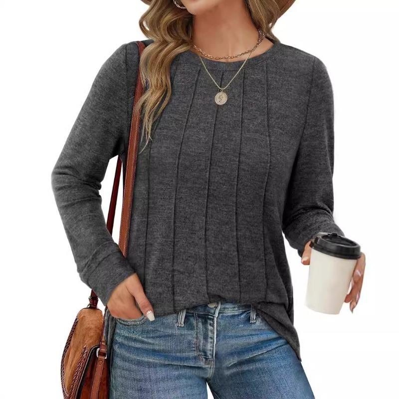 Autumn Winter Long Sleeved Top with Round Neck Pleated Knit Solid Color Loose Fitting Women's T-shirt