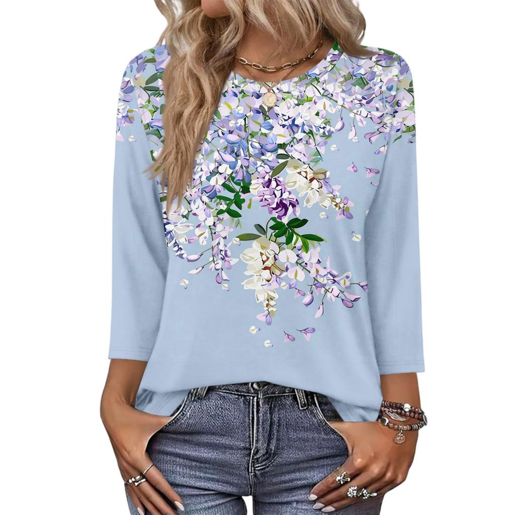 343/4 Sleeve Shirts For Women Cute Print Graphic Tees Blouses Casual Plus Size Basic Tops Pullover
