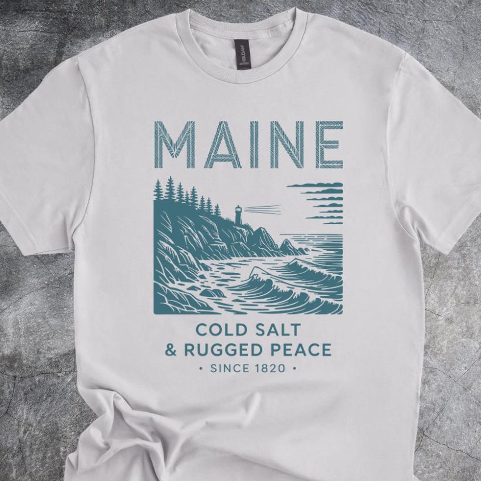 Maine Cold Salt Rugged Peace Shirt Tshirt Featuring Ocean Waves Lighthouse And Cliff Artwork gray 150