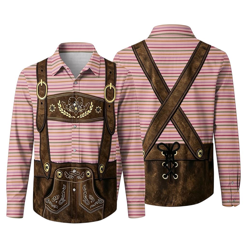 Herren Oktoberfest 3D-Druck Locker geschnitten Langarmhemd Button-Down-Kragen Lässig Vintage-Stil Atmungsaktives Hemd für Outdoor-Veranstaltungen und Partys