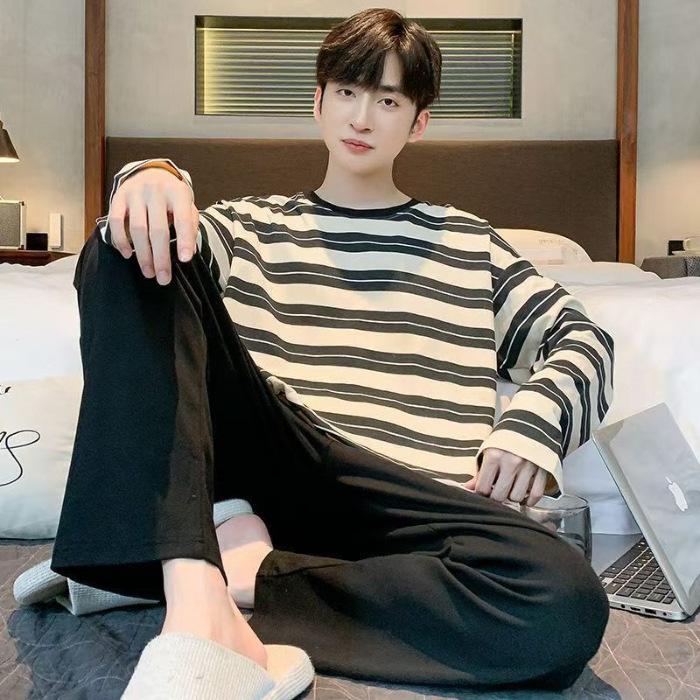

Мужская весенне-осенняя корейская пижама с длинными рукавами, повседневный комплект из двух частей с длинными рукавами, длинные брюки, домашняя одежда, костюм XL