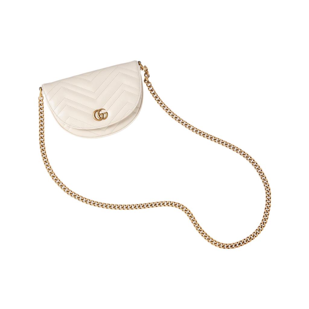 Gucci GG Marmont Chevron Quilted Saddle Bag, White Leather with Vintage Gold Double G, Women's Crossbody Handbag for Daily 746431-DTDHT-9022